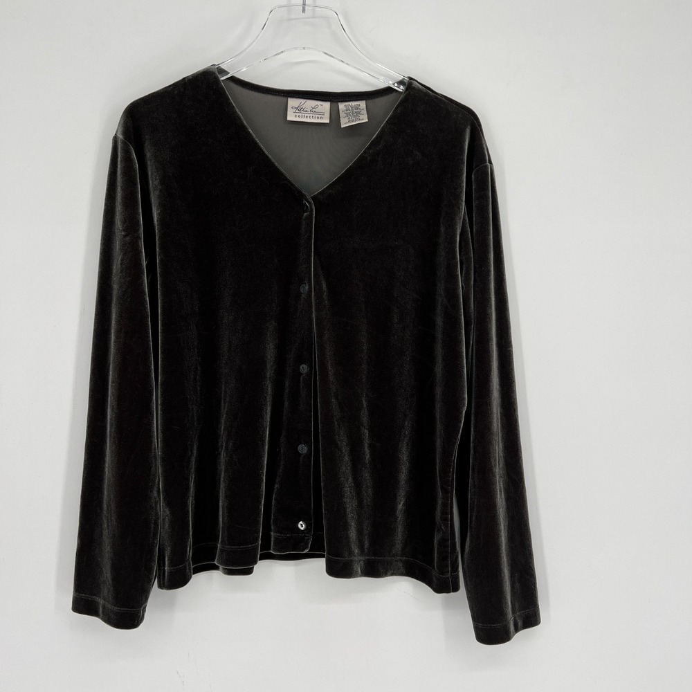 Vtg Kathie Lee Top Womens L Velvet Gray Green Whimsigoth Classic Basic
